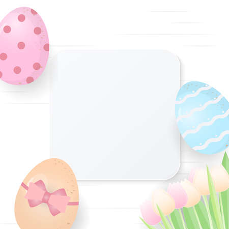 Easter egg with white banner copy space, design with colorful tulips. Vector illustrationのイラスト素材