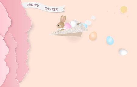 Easter day background design with rabbit and easter egg on a plane in the sky, paper art style....