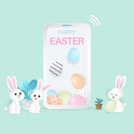 Happy Easter concept, an easter egg in mobile phone with white bunnies on green background. Modern styleのイラスト素材