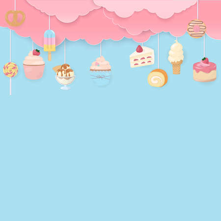 Set of dessert with pink cloud on blue background. Vector illustrationのイラスト素材