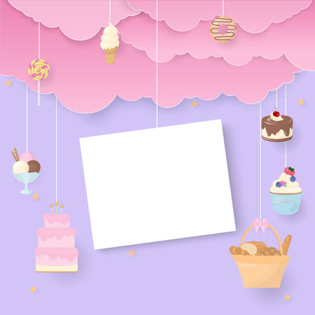 Dessert and paper note floating in the sky with pink cloud, paper cut style.
