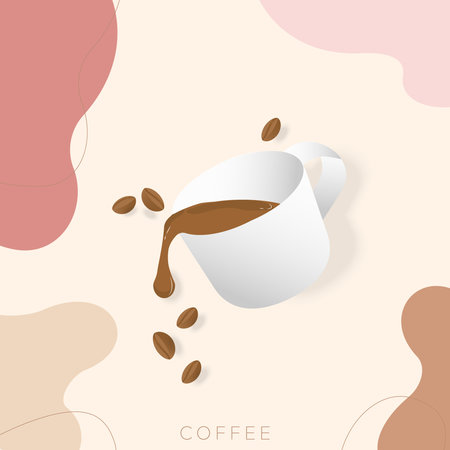 Hot coffee cup and coffee beans floating with earth tones abstract background. Modern and minimalist style.のイラスト素材