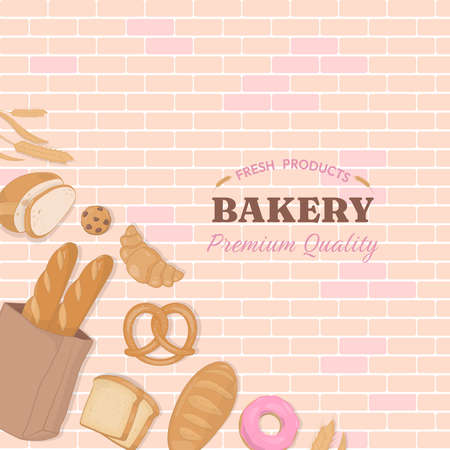 Bakery background design with bread and pastry on pastel brick wall.のイラスト素材