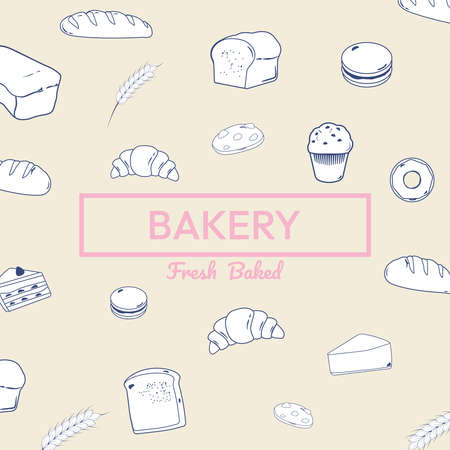 Bakery background, design with bakery baked goods in line icon and hand drawn style.のイラスト素材