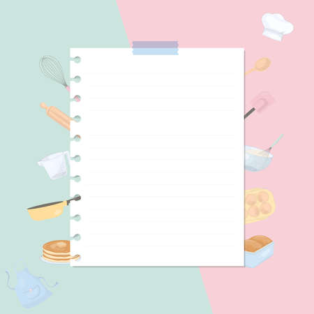 Paper note with kitchen tools and bakery ingredient on pastel background.のイラスト素材