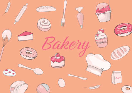 Bakery background, design with dessert, bread, and baking tools. Hand drawn style.のイラスト素材
