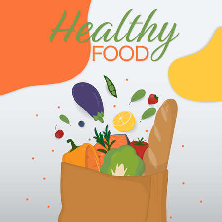 Healthy food banner, design with vegetables, salmon, and, baguette in a paper bag.のイラスト素材