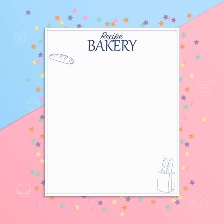 Paper note pastel background, design with colorful star paper, bakery line icon, and space for copy text.のイラスト素材