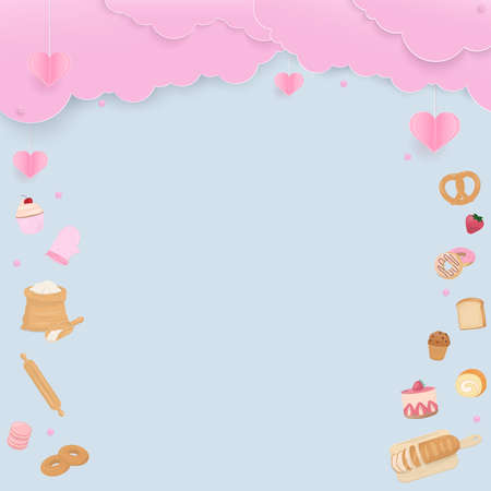 Bakery background, design with bakery products, paper heart, pink cloud, and copy space.のイラスト素材