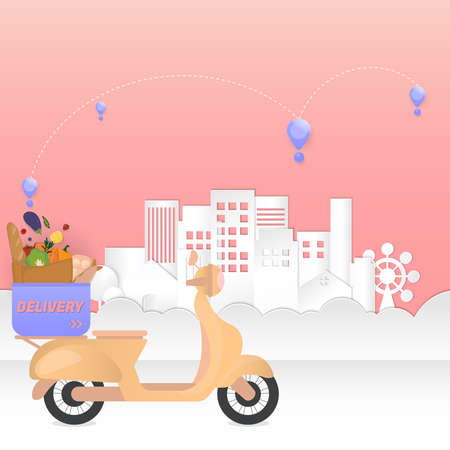 Food delivery concept, motorcycle with a shopping bag in front of the town. Paper cut style.のイラスト素材