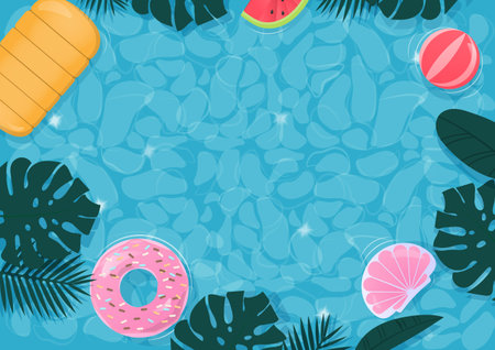 Summer background concept. Colorful swimming ring, ball, and leaves floating in the pool with space...