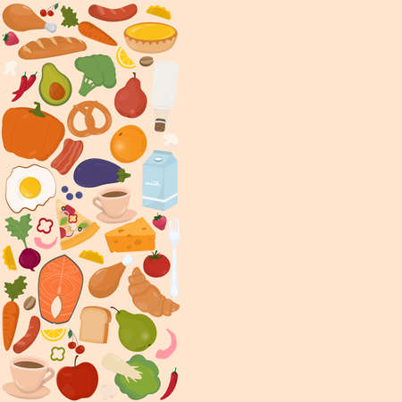 Food and drinks background. Food, beverage, bakery, vegetable, and fruit with space for copy text.のイラスト素材