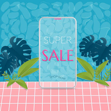 Sale banner. Super Sale on a smartphone with swimming pool and leaves. Technology concept and paper cut style.のイラスト素材