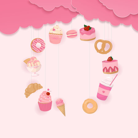 Bakery banner. Sweet dessert in round shape with pink cloud, Paper art style.のイラスト素材