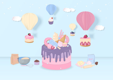 Pastel cake and dessert with ingredients on blue background. Hot air balloons and bakery flying in...