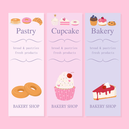 Sweet bakery and pastry shop dessert banner set with text, design with cake, cupcake, and baking products.のイラスト素材