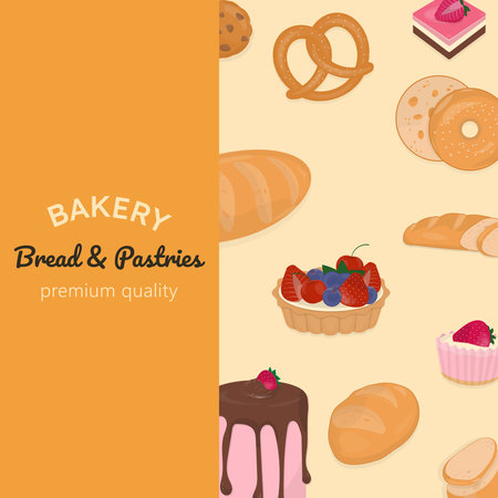 Bakery bread, pastry, and cake poster or template with yellow background.のイラスト素材