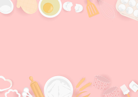 Baking utensils background with flour, egg, and wheat. Table flat lay design.のイラスト素材