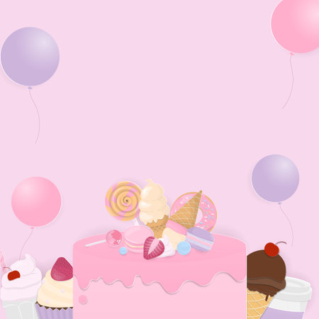 Sweet dessert with a cake, balloons, and drink. Paper art style and space for copy text.