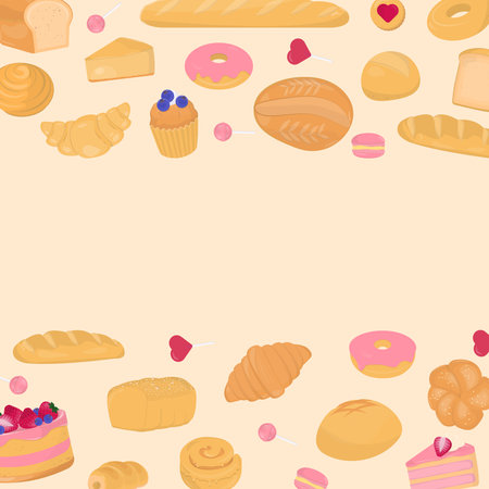 Bakery background. Bread, pastry, and candy on yellow background with space for copy text.のイラスト素材