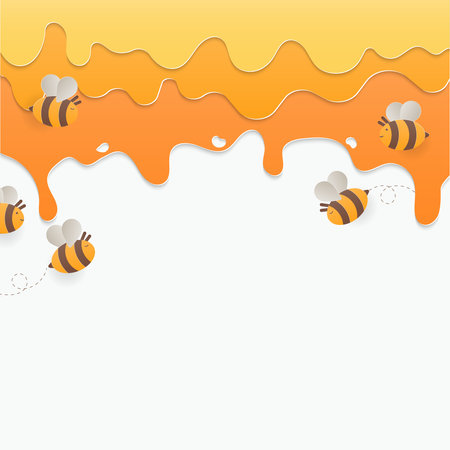 Honey background. Honey-dripping liquid with bees flying on white background. Paper art style.のイラスト素材