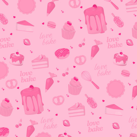 Bakery pattern. Cake, dessert, and utensils with text love bake in pink color.