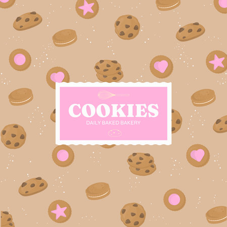 Cookie pattern and label. Many cookies are on brown background with text on a pink label.のイラスト素材