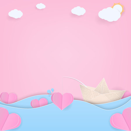 Love background concept. Pink heart and a boat floating in the sea. Paper art style.のイラスト素材