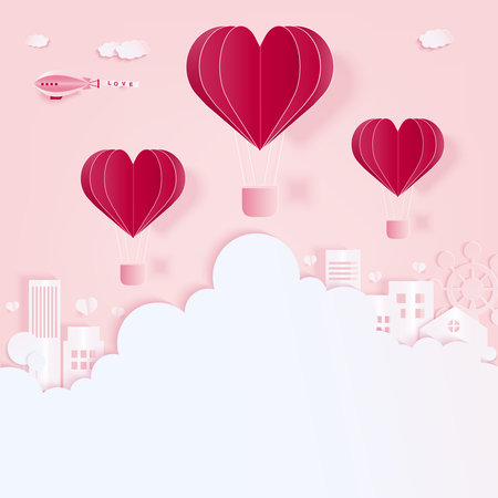 Love background concept. Heart balloon flying in the sky with a cloud and town. Paper art style.のイラスト素材