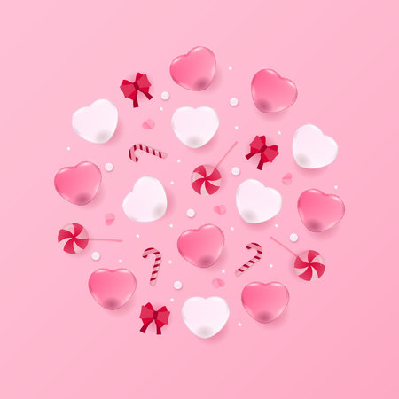 Love banner concept. Heart balloon, candy, and ribbon in round shape on pink background.のイラスト素材