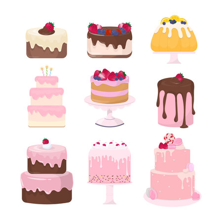 Set of cake collection with colorful color on white background. Hand-draw style.のイラスト素材