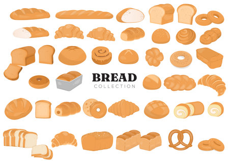 Bread and pastry collection elements on white background. Hand-draw style. Vector illustration.のイラスト素材