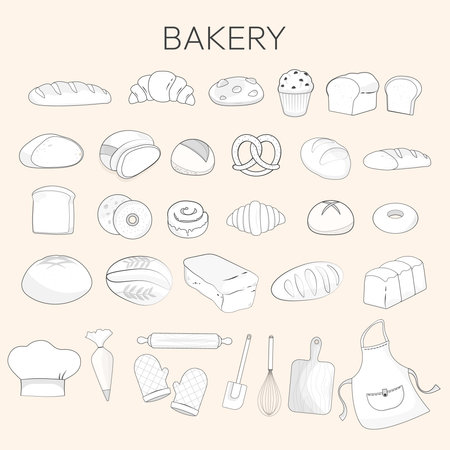 Bakery bread and kitchen utensils elements with border. Hand-draw style.のイラスト素材