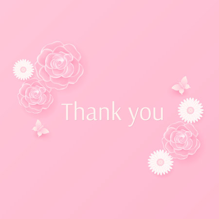 Thank you banner, design with flower elements and butterfly on pink background. Paper art style.のイラスト素材