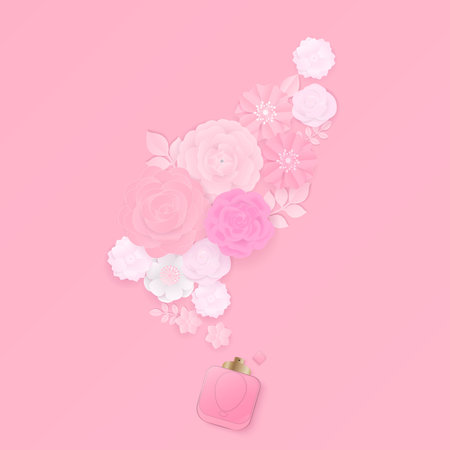 Paper flowers set with bottle of perfume on pink background. Paper cut and craft design.のイラスト素材