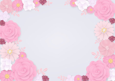 Set of pink paper flowers and leaf frame on white background. Paper cut and craft design.のイラスト素材