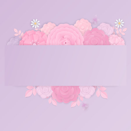 Pastel flowers background. Design with rose, camellia, daisy, leaf, and butterfly on purple background. Paper cut and craft design.のイラスト素材