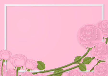 Rose background concept. Pink rose vine, blooming rose, and white frame on pink background. Paper flowers design.のイラスト素材
