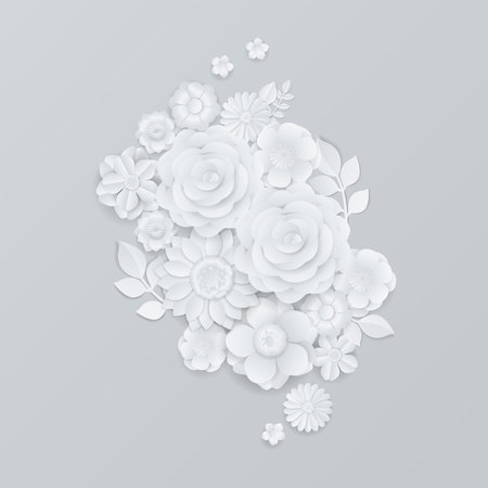 White paper flowers wreath on gray background. Paper cut and craft design. Vector illustration.のイラスト素材