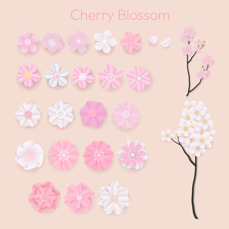 Set of pink and white cherry blossom elements. Paper cut and craft design.  Vector illustration.のイラスト素材
