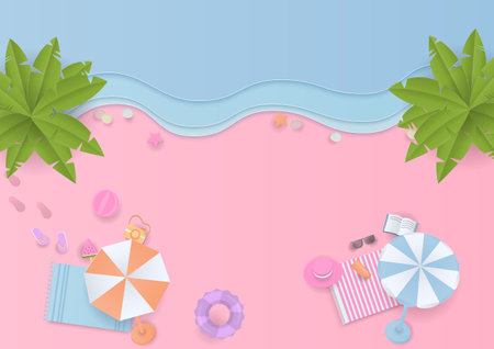 Summer background concept. Cute summer elements on the beach with the sea and coconut trees. Paper art design.のイラスト素材