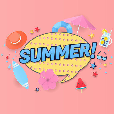 Summer banner concept. Summer character in a text box with cute summer elements on peach color background. Paper art and cartoon style.のイラスト素材