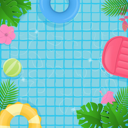 Summer background concept. Colorful inflatable swim ring and tropical trees floating on the swimming pool with copy space.のイラスト素材