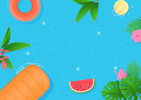 Summer background concept. Tropical trees and colorful inflatable swim rings float in the swimming pool with copy space.のイラスト素材