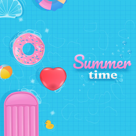 Summertime background. Colorful inflatable swim ring float in the swimming pool with text and copy space on blue background.のイラスト素材