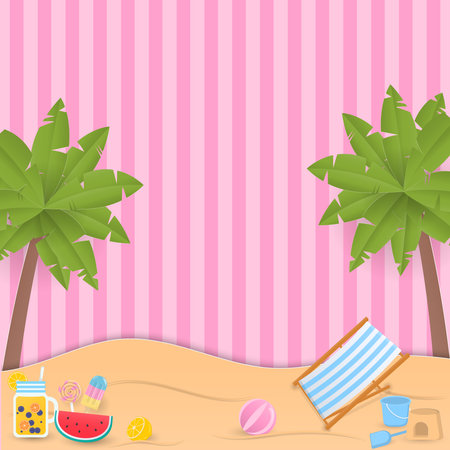 Summer background concept. Coconut trees and summer elements on the beach with a pink stripe pattern and copy space. Paper art design.のイラスト素材