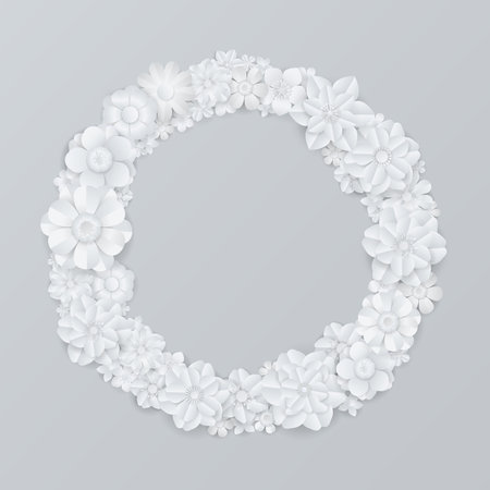 White paper flowers wreath and frame on gray background. Paper cut and craft design. Vector illustration.のイラスト素材