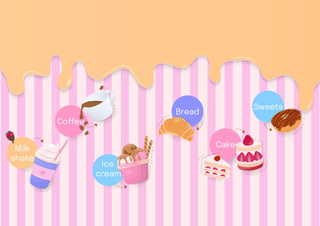 Bakery banner. Dripping liquid with a cake, coffee, milkshake, bread, ice cream, and donut on a pink...