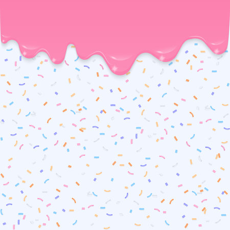 Bakery background. Pink dripping liquid with a colorful sprinkles pattern on a white background and space for copy text.のイラスト素材