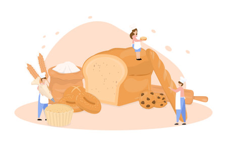 Bakery background concept. Chefs decorate bread and pastry products on a white background.のイラスト素材